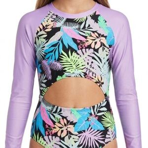 Art Class Tropical Neon Cutout Long Sleeve Swimsuit XL 14/16